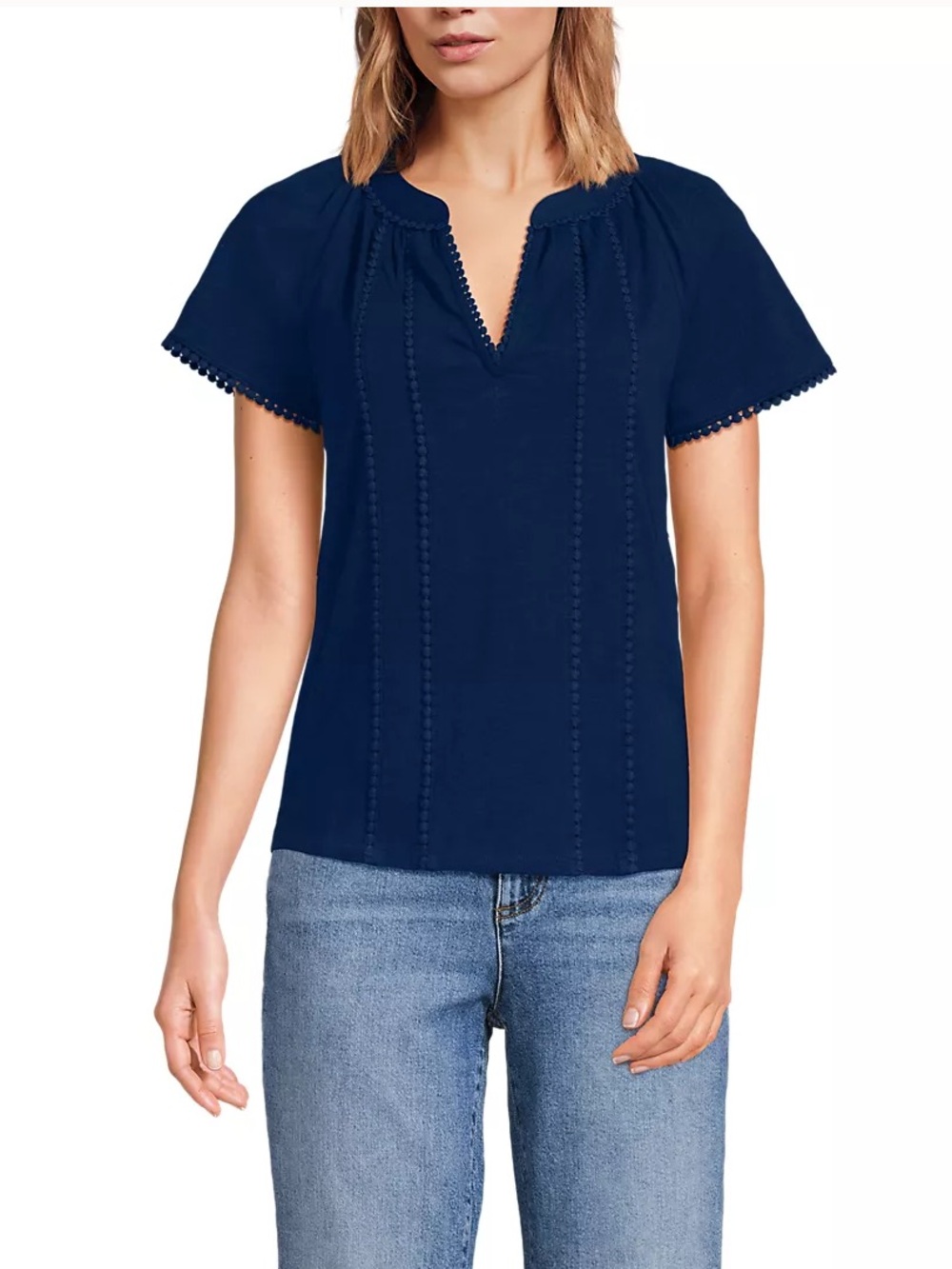 Lands' End Short Sleeve V Neck Slub Knit Raglan Blouse Top Size Large